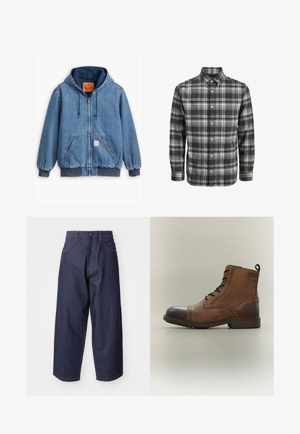 Sinine denimpusa kapuutsiga, lukuga sulgemine, ees taskud, soonikkoes varrukad ja ääred ning tepitud sisemine vooder. Levi's'i silt on nähtav seest.; Must-valgehallides toonides ruuduline pikkade varrukatega särgi nööbid on alläärde kinnitatud, kaelus on ümardatud ja kangas on pehme fliis.; Tumedat sinised teksad laia ja mahuka lõikega. Omadusteks on nööbiga kinnitamine, ees olevad taskud ja nähtavad õmblused.; Pruun nahast paeltega anklasaabas musta varbakatte, ümarate tallade ja küljele trükitud kaubamärgiga, tavalise tausta vastu.