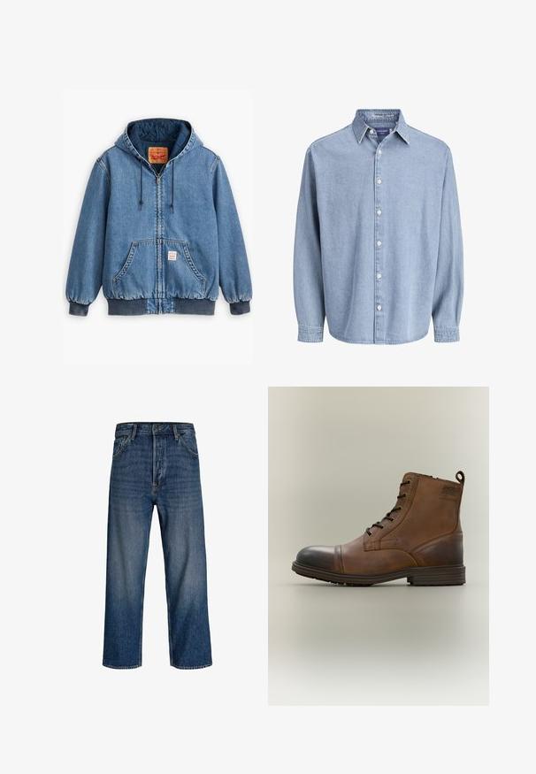 Sinine denimpusa kapuutsiga, lukuga sulgemine, ees taskud, soonikkoes varrukad ja ääred ning tepitud sisemine vooder. Levi's'i silt on nähtav seest.; Helehelesinine denimist pikkade varrukatega nööbiga särk krae ja valgete nuppudega, esitatud ühtlase valge tausta ees.; Tumedat teksased sirgete jalgadega, õrnate kulumismärkidega. Sisaldab viit taskut ja nööbifliis.; Pruun nahast paeltega anklasaabas musta varbakatte, ümarate tallade ja küljele trükitud kaubamärgiga, tavalise tausta vastu.