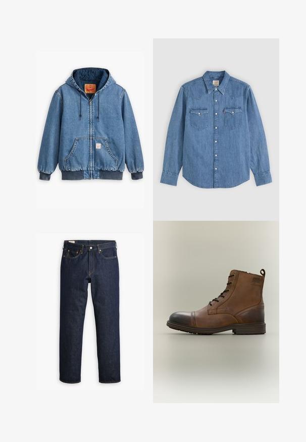 Blauwe denim hoodie met een ritsluiting, voorzakken, ribgebreide manchetten en zoom, en een gewatteerde voering. Levi's label zichtbaar aan de binnenkant.; Blauw denim overhemd met lange mouwen, met puntige kraag, knoopsluiting vooraan en twee borstzakken met knoopkleppen op een effen achtergrond.; Donkerblauwe denim jeans met een rechte snit, uitgerust met een vijfzakkenstijl, zichtbare stiksels en een klassieke knoopsluiting.; Bruine leren enkellaars met veters, zwarte neuskap, ronde zool en merkdetail aan de zijkant tegen een effen achtergrond.