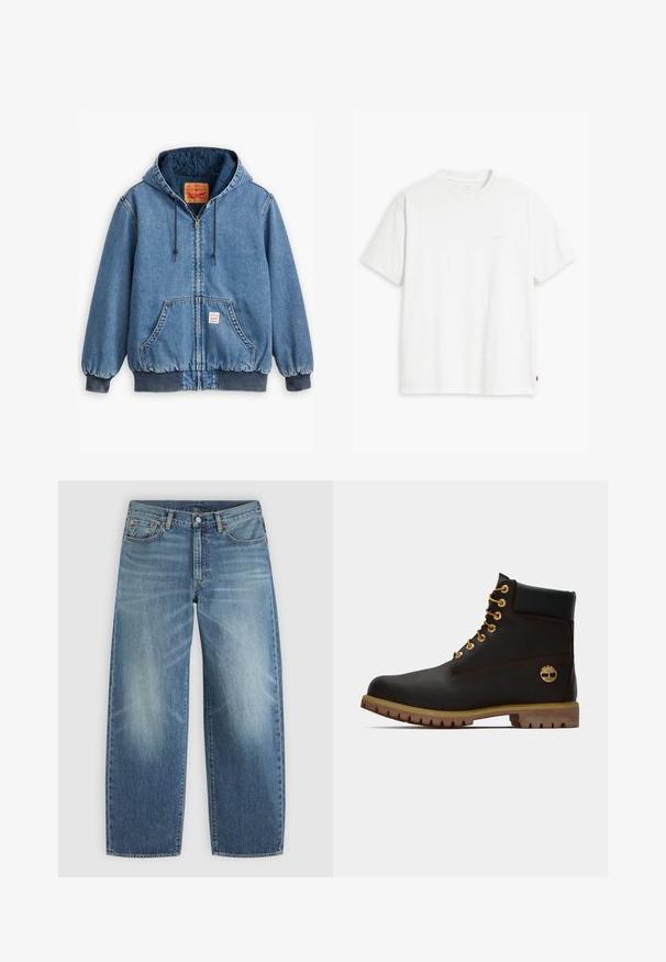 Blå denim hoodiejakke med lynlåslukning, frontlommer, ribbede manchetter og kant, samt en quiltet inderside. Levi's mærket synligt indeni.; Hvid t-shirt i bomuld med korte ærmer, rund halsudskæring og en diskret "Levi's"-logo trykt i lyse farver på forsiden.; Blå denimjeans med lige ben, forreste knap og lynlås samt styling med fem lommer.; Sorte læder ankelstøvle med gyldne øjer, brune detaljer og gummisål. Har en polstret krave og præget logo på siden.