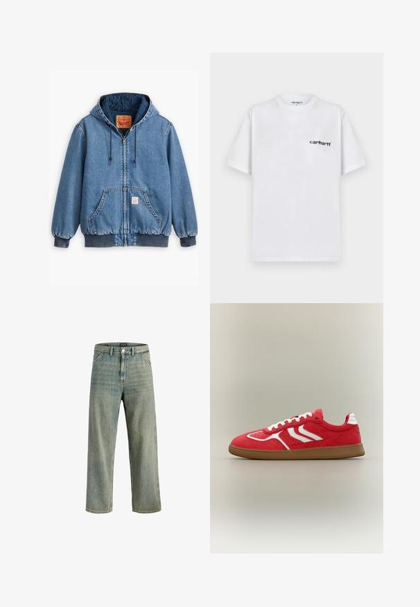 Sinine denimpusa kapuutsiga, lukuga sulgemine, ees taskud, soonikkoes varrukad ja ääred ning tepitud sisemine vooder. Levi's'i silt on nähtav seest.; Valge puuvillane T-särk lühikeste varrukatega, ümar kaelus ja must Carhartti logo vasakul rinnal, sile tekstuur ja lihtne disain.; Helesinised laia säärega teksapüksid, millel on esimesed taskud, vööaasad ja nööp-kinnitusega, vöökohal silt Jack & Jones.; Punane seemisnahast toss valgete detailide, valgete paelte ja pruuni kummist tallaga, nähtav külje pealt neutraalsel taustal.