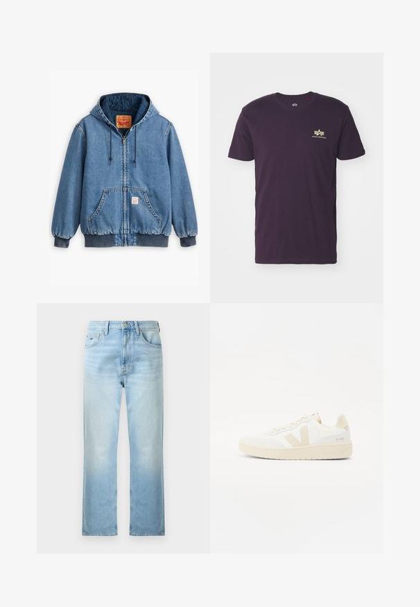 Sinine denimpusa kapuutsiga, lukuga sulgemine, ees taskud, soonikkoes varrukad ja ääred ning tepitud sisemine vooder. Levi's'i silt on nähtav seest.; Lilla puuvillane T-särk, millel on ümar kaelus, lühikesed varrukad ja kuldne logo tiibadega vasakul ülanurgas. Pehme tekstuur, juhuslik disain.; Heledast sinised sirgete säärega teksad ees taskute, vööaugude ja nööpidega kinnitamisel, lihtsal valgel taustal.; Valged tennisjalatsid beežide aksentidega, millel on tekstuuriga pealis, ümar varvas ja paks kummist tall. Disain sisaldab ikoonilist V-logo ja brändimist.