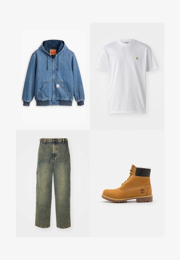 Blå denim hoodiejakke med lynlåslukning, frontlommer, ribbede manchetter og kant, samt en quiltet inderside. Levi's mærket synligt indeni.; Hvid bomulds t-shirt med korte ærmer, rund hals og et lille guld logo på venstre brystområde. Blød tekstur og almindelig pasform.; Slidse denim jeans i en falmet blå og grøn vask. Har en knaplukning, bælteløkker og sidelommer. Flad front og lige ben-design.; Brune læder ankelstøvle med metaløjer, hvid pelsforing, sort polstret krave, robust sål og præget logo på siden.