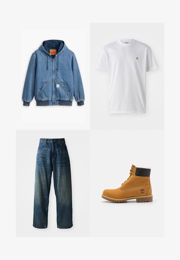 Blå denim hoodiejakke med lynlåslukning, frontlommer, ribbede manchetter og kant, samt en quiltet inderside. Levi's mærket synligt indeni.; Hvid bomulds t-shirt med korte ærmer, rund hals og et lille guld logo på venstre brystområde. Blød tekstur og almindelig pasform.; Bredde ben blå denimjeans med en falmet finish. Har fem lommer, knaplukning og kontrasterende syninger. Tyk stof.; Brune læder ankelstøvle med metaløjer, hvid pelsforing, sort polstret krave, robust sål og præget logo på siden.