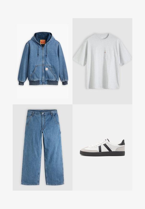 Blå denim hoodiejakke med lynlåslukning, frontlommer, ribbede manchetter og kant, samt en quiltet inderside. Levi's mærket synligt indeni.; Lysegrå T-shirt med korte ærmer, rund hals og en lille brystlomme på venstre side med en rød label.; Blå vidde jeans med tynde hvide lodrette nålestriber, forlommer, bæltestropper og knaplukning i taljen.; Hvide sneakers med sorte og grå detaljer, med en tekstureret grå tåhætte, sort gummisål og flade hvide snørebånd. Rent design, minimalistisk stil.