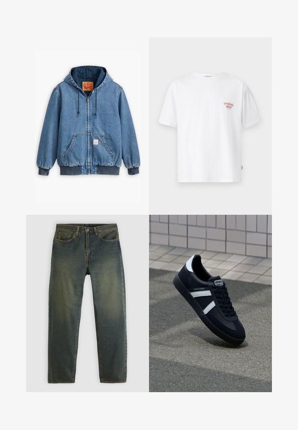 Blå denim hoodiejakke med lynlåslukning, frontlommer, ribbede manchetter og kant, samt en quiltet inderside. Levi's mærket synligt indeni.; Hvid bomulds T-shirt med korte ærmer og rund hals, med en lille rød tekstgrafik på venstre brystområde.; Mørkegrønne denimjeans med fem-lommer design, knaplukning og lige ben, vist på en ensartet lys baggrund.; Sort lædersneaker med hvide striber, tekstureret gummisål og snørrebånd foran. Har et brandet mærke på tungen.