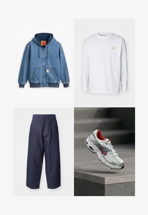 Blå denim hoodiejakke med lynlåslukning, frontlommer, ribbede manchetter og kant, samt en quiltet inderside. Levi's mærket synligt indeni.; Hvid langærmet t-shirt lavet af bomuld. Har et lille gyldent logo på brystet og en rund halsudskæring. Enkel design og standard pasform.; Mørkeblå denim jeans med en løs, bred ben-design. Funktioner inkluderer en knaplukning, frontlommer og synlige stikninger.; Hvid og sølv Nike løbesko med røde accenter, der svæver over en betonkant og viser dens side- og såldetaljer.