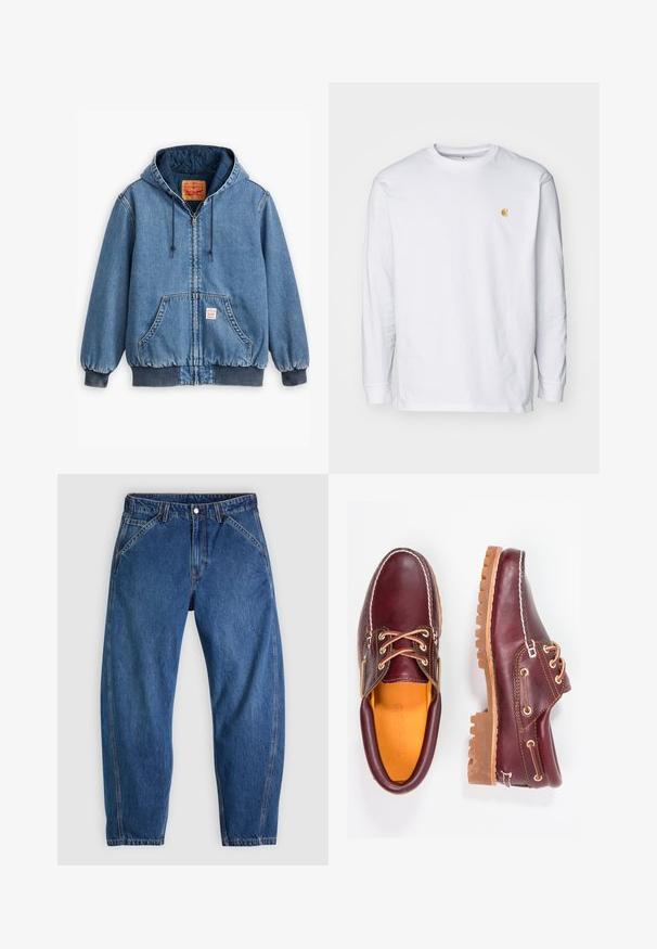 Sinine denimpusa kapuutsiga, lukuga sulgemine, ees taskud, soonikkoes varrukad ja ääred ning tepitud sisemine vooder. Levi's'i silt on nähtav seest.; Valge pika varrukaga T-särk, mis on valmistatud puuvillast. Rinnal on väike kuldne logo ja ümar kaelus. Lihtne disain ja standardne lõige.; Sinine teksapükste lõdva lõikega, ees nööpidega sulguvad, viie taskuga ja kontrastse oranži õmblusega. Ühtlane sile tekstuur üle kogu pinna.; Burgundia nahkkingad pruunide kummitaldadega, ümmarguse varbaga, valge tikandi ja kuldsete silmadega. Siseosa on kollase voodriga.