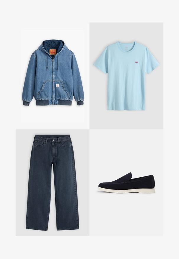 Blauwe denim hoodie met een ritsluiting, voorzakken, ribgebreide manchetten en zoom, en een gewatteerde voering. Levi's label zichtbaar aan de binnenkant.; Lichtblauw T-shirt met korte mouwen en ronde hals met klein rood Levi's-logo op de linkerborst.; Donkerblauwe jeans met wijde pijpen, vijf zakken, riemlussen, knoopsluiting en ritssluiting, plat gelegd op een lichte achtergrond.; Steve Madden MAYNE - Sneakers laag - navy