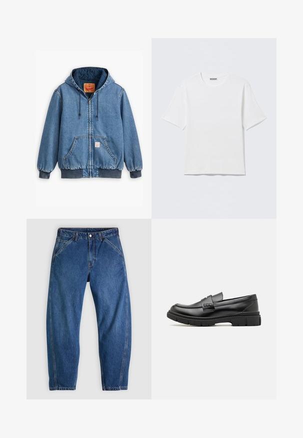 Sinine denimpusa kapuutsiga, lukuga sulgemine, ees taskud, soonikkoes varrukad ja ääred ning tepitud sisemine vooder. Levi's'i silt on nähtav seest.; Valge lühikeste varrukatega pusa ümmarguse kaelusega, millel siseviimistle valge "WEEKDAY" kleebis kaeluse tagaosas, paigutatud tasasele pinnale.; Sinine teksapükste lõdva lõikega, ees nööpidega sulguvad, viie taskuga ja kontrastse oranži õmblusega. Ühtlane sile tekstuur üle kogu pinna.; Musthave nahkast suss, millel on lai rihm üle vöö, kummitald paksude mustritega ning sile tekstuur. Klassikaline, elegantne disain.