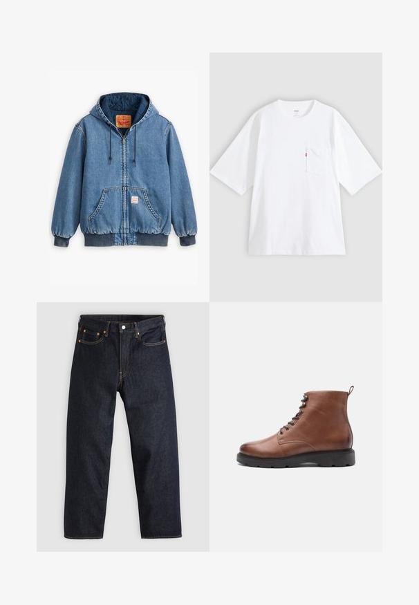 Blå denim hoodiejakke med lynlåslukning, frontlommer, ribbede manchetter og kant, samt en quiltet inderside. Levi's mærket synligt indeni.; Hvid bomulds-T-shirt med korte ærmer, rund hals og lomme på venstre bryst. Har en lille rød logoetiket på lommen.; Mørkeblå denimjeans med lige pasform, fem lommer, kontrasterende orange syning og knaplukning. Ingen synlige mønstre eller udsmykninger.; Brune læder ankelstøvler med en rund tå, snørebånd foran og sort gummisål. Har en pull-loop bagpå for nemmere påtagning.