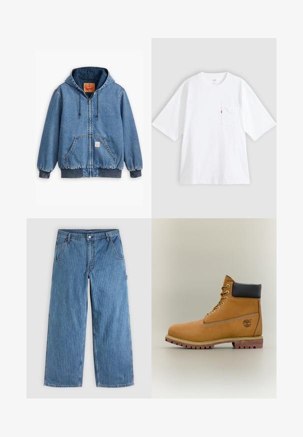 Chaqueta de mezclilla azul con capucha, cierre de cremallera, bolsillos frontales, puños y dobladillo de punto, y forro interior acolchado. Etiqueta de Levi's visible en el interior.; Camiseta blanca de algodón con mangas cortas, cuello redondo y bolsillo en el pecho izquierdo. Presenta una pequeña etiqueta con logo rojo en el bolsillo.; Vaqueros azules de pierna ancha con delgadas rayas blancas verticales, bolsillos delanteros, trabillas para el cinturón y cierre con botón en la cintura.; Bota de tobillo de cuero marrón con cuello negro, cordones amarillos y suela beige. Presenta un logotipo y detalles de costura blanca. Suela exterior con tracción robusta.