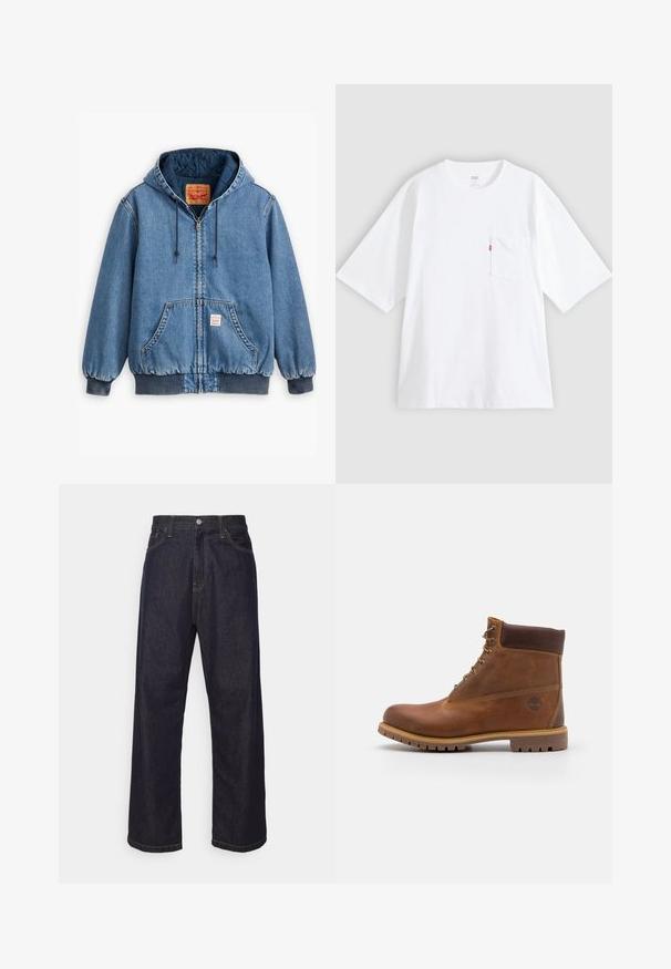 Blauwe denim hoodie met een ritsluiting, voorzakken, ribgebreide manchetten en zoom, en een gewatteerde voering. Levi's label zichtbaar aan de binnenkant.; Wit katoenen T-shirt met korte mouwen, ronde hals en een borstzak aan de linkerkant. Heeft een klein rood logotagje op de zak.; Donkerblauwe rechte spijkerbroek met gele stiksels, voorknop, ritssluiting en vijf pocket ontwerp.; Bruine leren wandelschoen met een gladde afwerking, gevoerde enkel, metalen oogjes en een rubberen zool met een robuust profiel.