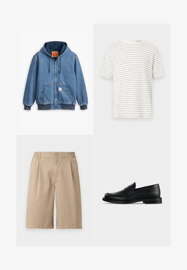 Blauwe denim hoodie met een ritsluiting, voorzakken, ribgebreide manchetten en zoom, en een gewatteerde voering. Levi's label zichtbaar aan de binnenkant.; Wit T-shirt met korte mouwen en smalle zwarte strepen, ronde halslijn, losse pasvorm, zachte textuur en een zoom die aan de zijkanten licht gebogen is.; Beige knielange short met knoopsluiting, riemlussen en elastische zijkanten op een effen witte achtergrond.; Zwarte leren heren penny loafer met lage gestapelde hak en afgeronde neus, zijaanzicht op lichte grijze achtergrond.