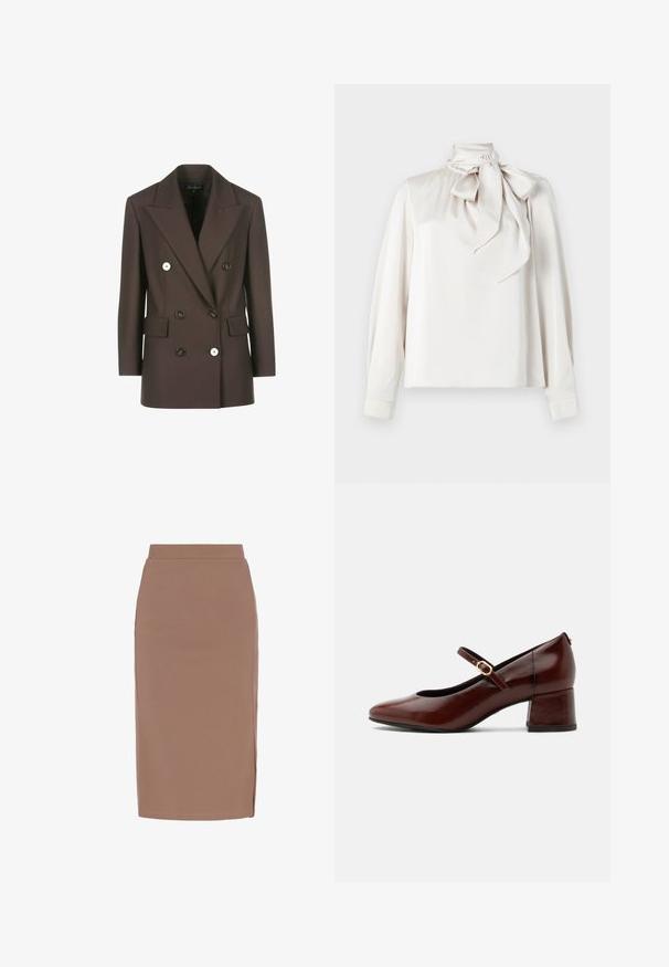 Dobbeltbrystet brun blazer med strukturerede skuldre, to for- lommer, kontrasterende hvide knapper og glat stofstruktur.; Lys beige bluse med lange ærmer, høj krave og en stor sløjfe ved halsen. Glat tekstur og let løs pasform.; Brun blyantskirt lavet af strækbart stof, med høj talje, lige silhuet og sideslids for bedre bevægelsesfrihed.; Brun læder Mary Jane-sko med lav blokhæle og guldlåsrem, sidevisning på hvid baggrund.