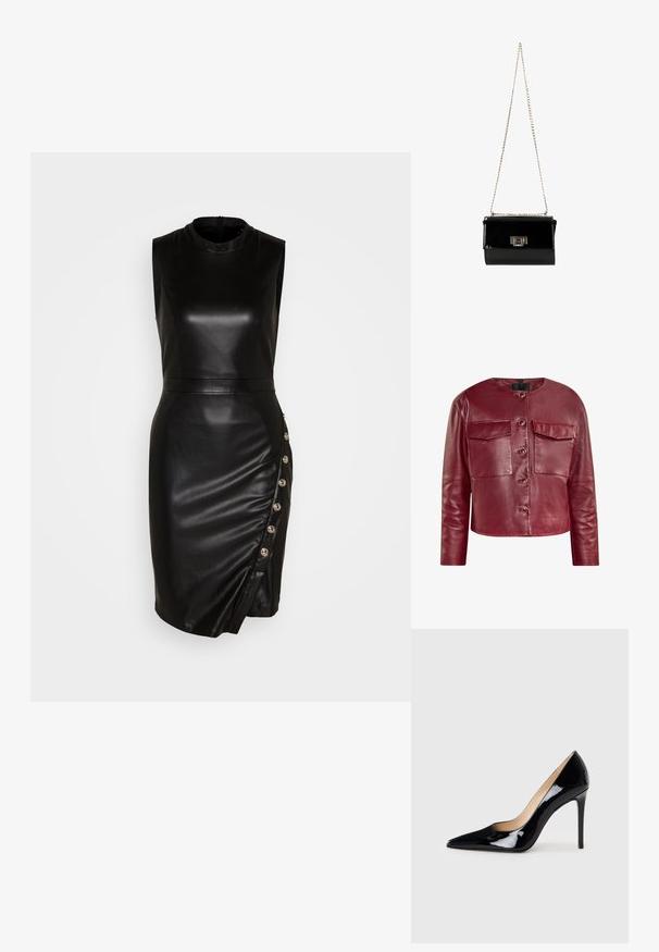 Veste en cuir rouge coupée avec un col rond, poches avant et boutons-pression. Possède une texture lisse et des manches longues.; Robe sans manches en cuir noir avec un col haut, une silhouette ajustée, un ourlet asymétrique et des boutons décoratifs le long de la couture latérale.; Escarpin noir en cuir verni avec un design à bout pointu et une silhouette élégante. Présente une finition lisse et brillante ainsi qu'un talon aiguille fin.; Sac à main en cuir verni noir avec une bandoulière en chaîne dorée, de forme rectangulaire, doté d'une fermeture à rabat à l'avant et d'un accent de logo métallique.