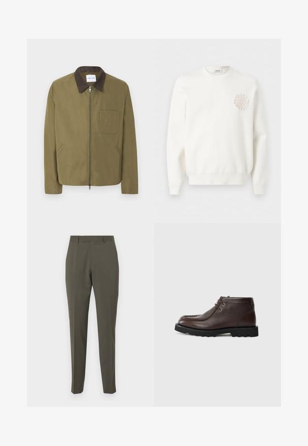 Veste zippée vert olive avec col marron foncé, poche poitrine à gauche et deux poches latérales, présentée sur fond blanc.; Sweat-shirt blanc à manches longues avec col rond et une application florale circulaire texturée sur la poitrine gauche.; Pantalons vert olive fabriqués en tissu lisse, avec un design ajusté, jambe droite et passants de ceinture. Pas de motifs ou d'accents visibles.; Bottines en cuir marron avec un bout arrondi, dotées d'œillets en métal pour les lacets, de détails cousus et d'une semelle en caoutchouc noire robuste.