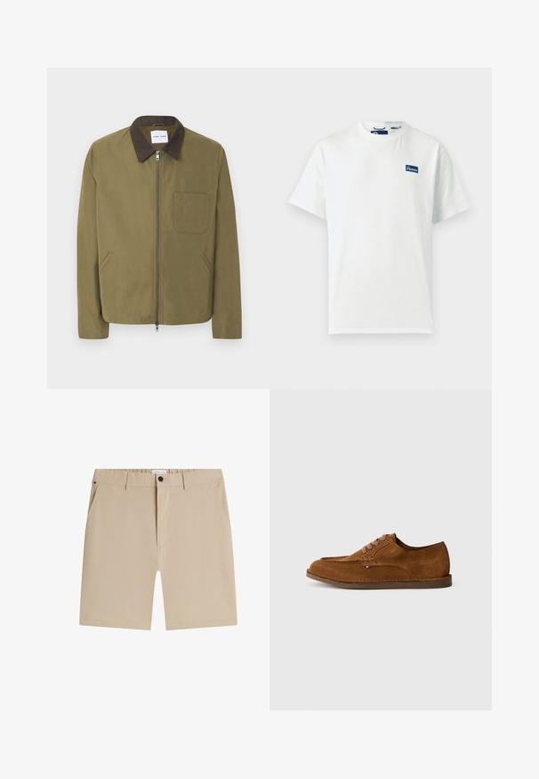 Veste zippée vert olive avec col marron foncé, poche poitrine à gauche et deux poches latérales, présentée sur fond blanc.; T-shirt blanc à manches courtes et col rond avec un petit logo Penfield rectangulaire bleu sur le haut de la poitrine gauche.; Short beige jusqu'aux genoux avec passants de ceinture, poches latérales et un bouton noir à la fermeture devant, présenté sur fond blanc.; Chaussure en daim marron avec un bout arrondi, des coutures décoratives et six œillets de lacets contrastants. Semelle plate et design minimaliste.