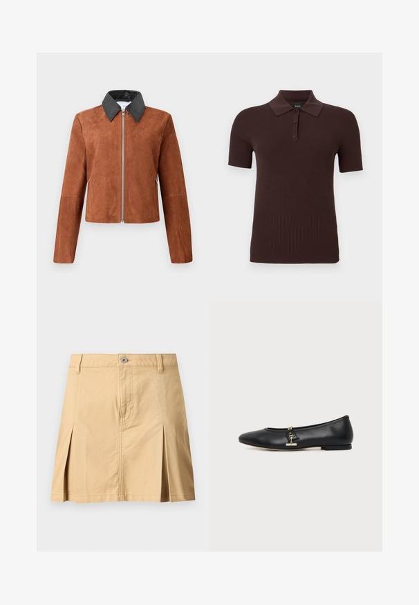 Veste cropped en suède marron avec un col pointu en cuir noir, fermeture éclair à l'avant et manches longues. Texture lisse avec des détails de design minimalistes.; Polo en maille côtelée à manches courtes de couleur brun foncé avec trois boutons et un col classique, présenté sur un fond uni.; Jupe beige longueur genou avec passants de ceinture, fermeture à boutons sur le devant, deux plis avant et coutures visibles sur fond uni.; Chaussure plate en cuir noir avec bout arrondi et petit détail de boucle dorée sur le côté, présentée sur un fond clair uni.
