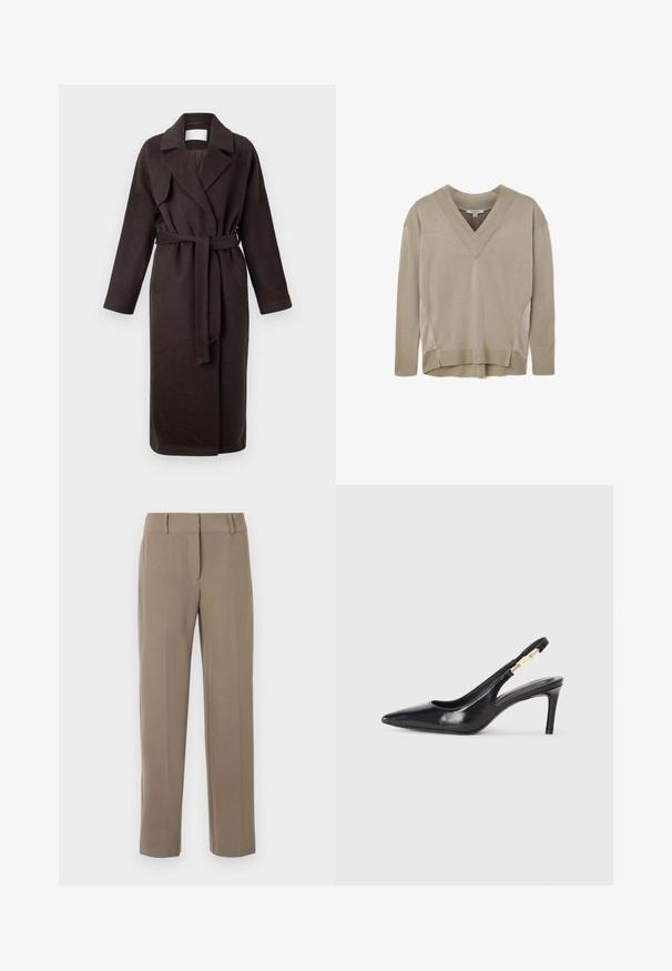 Mørkebrun lang frakke med bælte, lavet af blødt stof. Har en notched krave og to sidelommer, med en løs og afslappet pasform.; Beige langærmet V-hals sweater med ribbede manchetter og kant, med sideliner og let høj-lav kantdetalje.; Klassiske kaki bukser med lige ben, bæltestropper og lynlås foran på hvid baggrund.; Sort læder slingback højhælede sko med spidse tæer, glat overflade og en smal ankelrem med guldfarvede hardware detaljer.