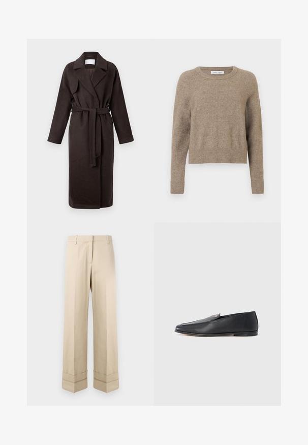 Mørkebrun lang frakke med bælte, lavet af blødt stof. Har en notched krave og to sidelommer, med en løs og afslappet pasform.; Beige crew-neck sweater lavet af blødt stof. Har ribbede manchetter og kant, med et let cropped design og minimal tekstur.; Beige bukser med lige pasform, der har en dobbelt manchet i kanten og en flad frontdesign. Lavet af glat, slidstærkt stof.; Sorte læderloafers med en glat tekstur, rundet tå og subtile syningsdetaljer. Har en guldfarvet logoaccent på oversiden.