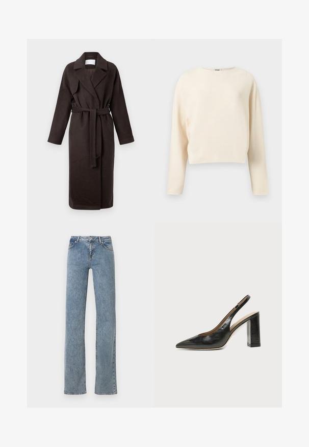 Mørkebrun lang frakke med bælte, lavet af blødt stof. Har en notched krave og to sidelommer, med en løs og afslappet pasform.; Kremfarvet cropped sweater med rund halsudskæring og lange ærmer, lavet af fint ribstrikket stof.; Blå straight-leg jeans med høj talje, frontknaplukning og fem-lomme-design, vist på en hvid baggrund.; Sort læder peep-toe slingback sko med høj blokhæl og beige indvendig foring mod en ensfarvet lys baggrund.