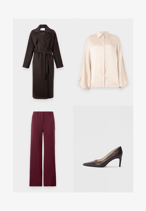 Mørkebrun lang frakke med bælte, lavet af blødt stof. Har en notched krave og to sidelommer, med en løs og afslappet pasform.; TWINSET WOVEN SHIRT - Skjortebluser - parchment; Burgundy vide bukser lavet af glat stof, med flad front, bæltesløjfer og et skræddersyet design med foldede detaljer.; Brun læderhøjhælet sko med spids snude og en slank hæl på 7 cm, glat tekstur og minimalistisk design. Ingen synlige pynt.