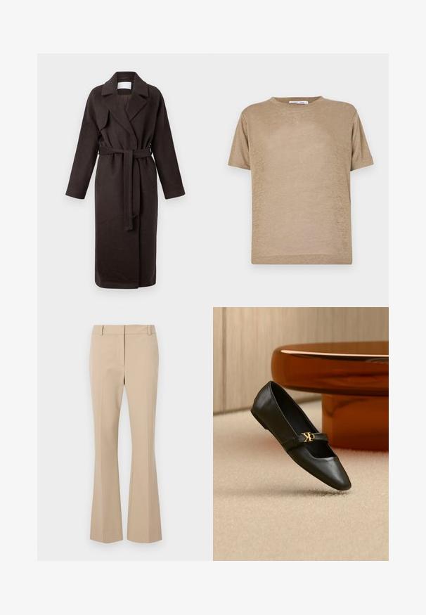 Mørkebrun lang frakke med bælte, lavet af blødt stof. Har en notched krave og to sidelommer, med en løs og afslappet pasform.; Beige kortærmet T-shirt lavet af letvægtsstof, med rund halsudskæring og en afslappet pasform med en glat overflade.; Beige skræddersyede bukser med lige pasform, der har en glat front, bæltestropper og en jævn tekstur. Ingen synlige lommer eller mønstre.; Sort læder flad sko med spids tå og gyldent CK-logo på rem, placeret på beige tæppe nær et rundt ravbrunt bord.