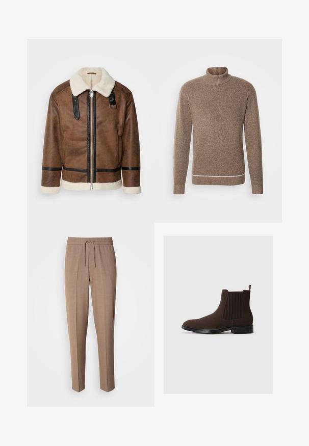 Bruineleren jas met zwarte accenten en een schapenvachtkraag. Heeft een rits aan de voorkant en schouderbanddetails. Gestructureerde afwerking.; INDICODE JEANS Trui - otter; Bruine, geweven stoffen broek met een relaxte pasvorm, trekkoord taille en plooien aan de voorkant. Rechte pijpen en geen zichtbare zakken of hardware.; Bruine suède Chelsea-boots met elastische zijpanelen, lage hak en een lipje aan de achterkant. Gladde textuur en gestroomlijnd ontwerp.