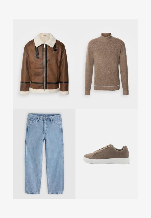 Braune Lederjacke mit schwarzen Akzenten und einem Schaffellkragen. Verfügt über einen Frontreißverschluss und einen Schulterriemen. Strukturierte Oberfläche.; INDICODE JEANS Strickpullover - otter; Hellblaue Jeans mit geradem Bein, vorderem Knopf, Reißverschluss, Gürtelschlaufen und schrägen Vordertaschen auf einfarbigem Hintergrund.; Braune Wildledersneaker mit flachen weißen Gummisohlen, Schnürdesign, abgerundete Zehen und einer glatten Textur. Minimalistischer Stil mit dezenten Nähdetails.
