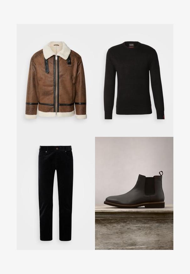 Veste en cuir marron avec des accents noirs et un col en shearling. Présente une fermeture à glissière à l'avant et des détails de sangle aux épaules. Fini texturé.; Scotch & Soda REGULAR FIT CREW NECK - Pullover - meteorite; Pantalons en velours côtelé noirs avec une coupe droite, style cinq poches et une texture striée subtile. Dotés d'un bouton en métal et d'une fermeture éclair.; Bottine Chelsea en cuir noir avec des panneaux élastiques sur les côtés et un bout arrondi, dotée d'une semelle texturée et de détails de couture subtils, surélevée au-dessus d'une surface en bois.