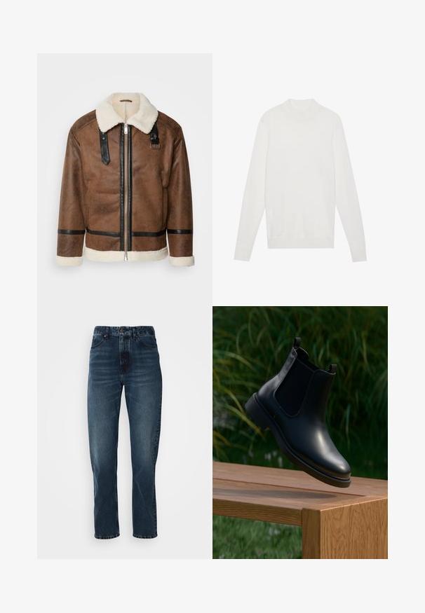 Braune Lederjacke mit schwarzen Akzenten und einem Schaffellkragen. Verfügt über einen Frontreißverschluss und einen Schulterriemen. Strukturierte Oberfläche.; Weißer Pullover mit einem hohen Kragen, langen Ärmeln und gerippten Bündchen sowie Saum. Aus einem weichen Strickstoff gefertigt. Einfaches und tailliertes Design.; Dunkelblaue gerade Jeans mit Knopf- und Reißverschluss vorne, Fünf-Taschen-Design und subtiler Ausbleichung an Oberschenkeln und Knien.; Schwarze Leder-Stiefelette mit elastischen Seitenpaneelen, schwebend über einer hölzernen Bank, mit grünem Laub im Hintergrund.