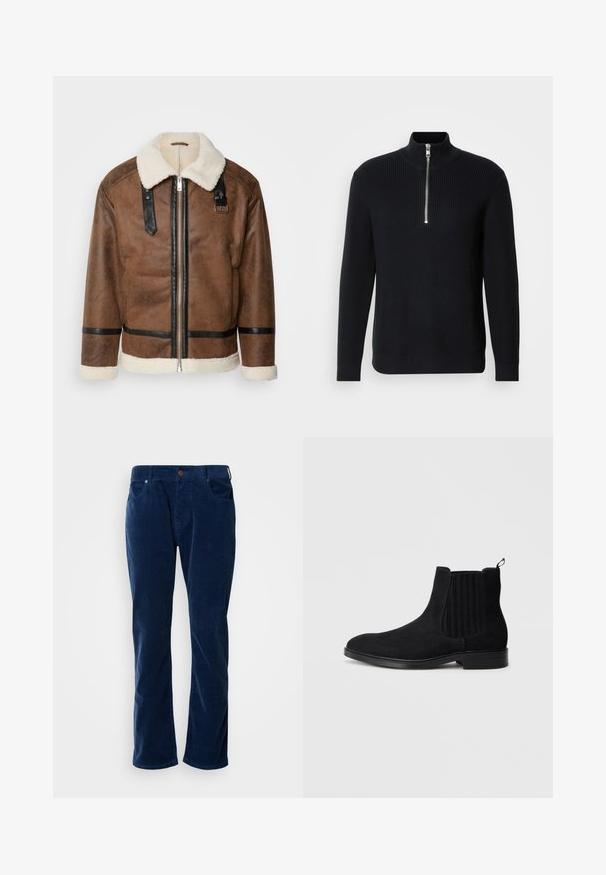 Braune Lederjacke mit schwarzen Akzenten und einem Schaffellkragen. Verfügt über einen Frontreißverschluss und einen Schulterriemen. Strukturierte Oberfläche.; Schwarzer, gerippter Strickpullover mit hohem Kragen und kurzem Reißverschluss. Hat lange Ärmel und einen geraden Saum mit gerippten Bündchen.; Scotch & Soda THE ZEE STRAIGHT - Stoffhose - insignia blue; Schwarzer Wildlederschuh im Chelsea-Stil mit elastischen Seitenteilen, runder Zehenform, subtiler Textur und Ziehhilfe an der Rückseite. Flache Gummisohle.