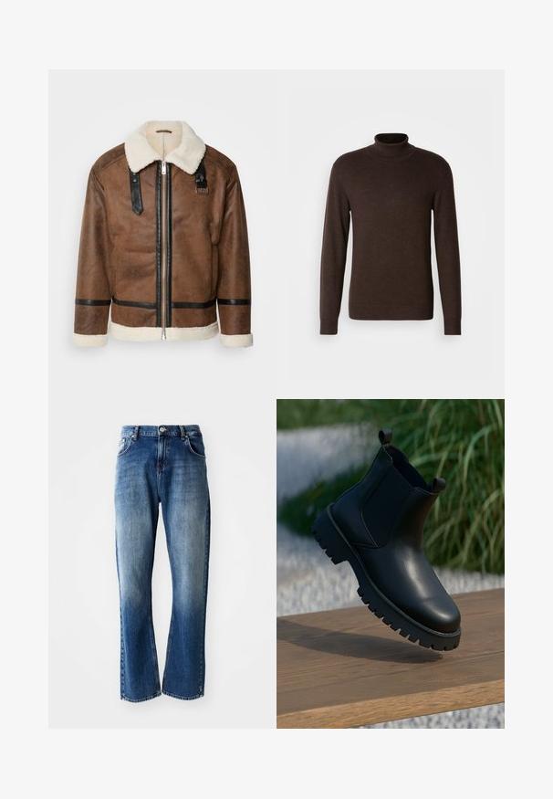 Brun læderjakke med sorte akcenter og en shearlingkrave. Har en frontlynlås og skulderremdetaljer. Tekstureret overflade.; Brun turtleneck sweater lavet af blødt materiale, med lange ærmer og ribbet krave. Glat tekstur med en tætsiddende design.; Denimbukser med lige ben, lyse og mørkeblå vask med falmning, fem lommer og knaplukning.; Sorte læder ankelstøvler med elastiske sidepaneler, rund tå og kraftig sål, vist på en træoverflade.