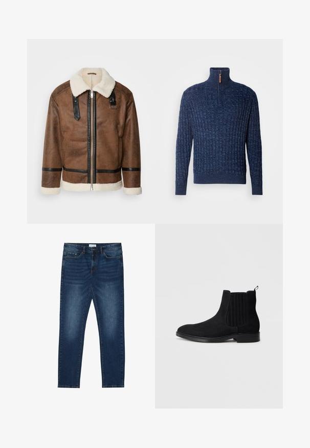 Hnedá kožená bunda s čiernymi akcentmi a ovčím golierom. Má predný zips a detaily na ramene. Štruktúrovaný povrch.; INDICODE JEANS Svetrík - navy mix; Tmavomodré úzke džínsy s bledými detailmi, klasický dizajn s piatimi vreckami, zapínanie na gombík a pútka na opasok.; Čierne semišové Chelsea topánky s elastickými bočnými panelmi, zaoblenou špičkou, jemnou textúrou a poutkom na zadnej strane. Plochá gumová podrážka.