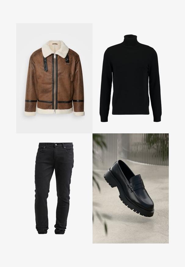 Brun læderjakke med sorte akcenter og en shearlingkrave. Har en frontlynlås og skulderremdetaljer. Tekstureret overflade.; Sort turtleneck sweater lavet af et blødt strikmateriale. Har lange ærmer, ribbet krave og kant. Enkel, slank design uden mønstre.; Sorte slim-fit jeans med knap- og lynlås-lukning, fem lommer og elastiske manchetter ved anklerne.; Sorte læder loafers med en chunky sål, der har en dekorativ rem og syninger. Glat tekstur med en poleret overflade.