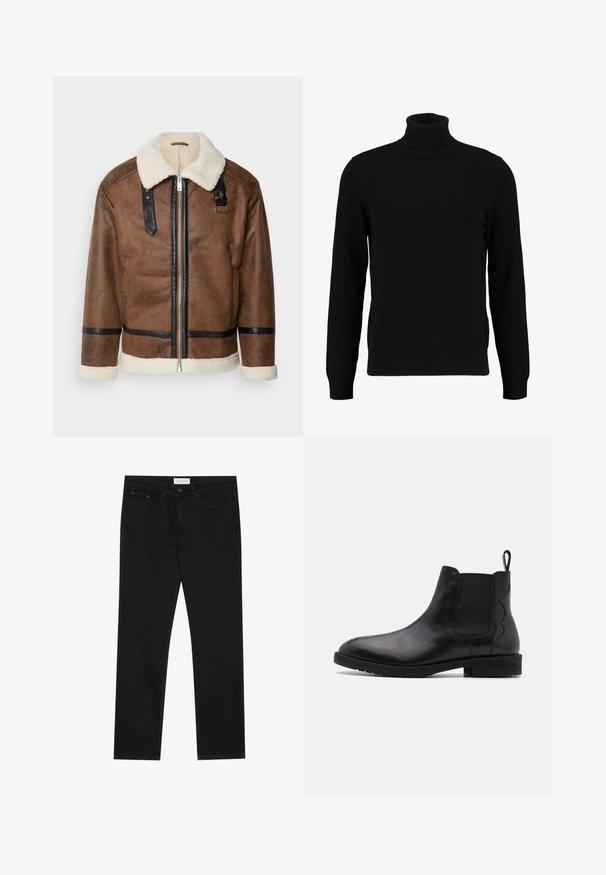 Veste en cuir marron avec des accents noirs et un col en shearling. Présente une fermeture à glissière à l'avant et des détails de sangle aux épaules. Fini texturé.; Un pull à col roulé noir en matière tricotée douce. Il possède des manches longues, un col et un ourlet côtelés. Son design est simple et épuré, sans motifs.; Jean droit noir avec un design à cinq poches, fermeture à bouton et zip, et une étiquette de marque Pier One sur la taille.; Bottines Chelsea en cuir noir avec des panneaux latéraux élastiques, bout arrondi et un petit talon bloc. Dispose d'une languette à l'arrière pour un enfilage facile.