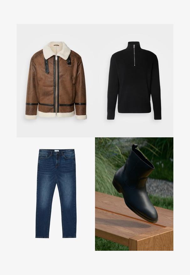 Veste en cuir marron avec des accents noirs et un col en shearling. Présente une fermeture à glissière à l'avant et des détails de sangle aux épaules. Fini texturé.; Lindbergh HALF ZIP RIB KNIT - Pullover - black; Jean slim-fit bleu foncé avec des détails délavés, design classique à cinq poches, fermeture à bouton et passants de ceinture.; Botte de cheville en cuir noir avec fermeture éclair, placée à une extrémité d'un banc en bois poli à l'extérieur, avec de l'herbe et des pierres en arrière-plan.