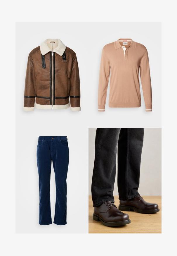 Hnedá kožená bunda s čiernymi akcentmi a ovčím golierom. Má predný zips a detaily na ramene. Štruktúrovaný povrch.; Scotch & Soda LONG SLEEVE POLO - Svetrík - tannin; Scotch & Soda THE ZEE STRAIGHT - Nohavice - insignia blue; Hnedé kožené topánky s okrúhlou špičkou, šnurovací dizajn a masívna čierna gumená podrážka, skombinované s tmavými džínsy.