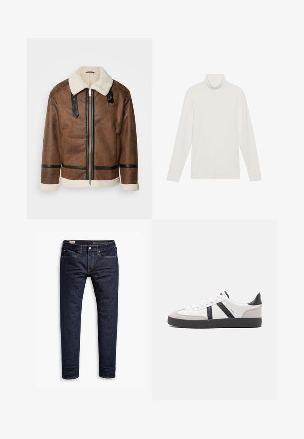 Braune Lederjacke mit schwarzen Akzenten und einem Schaffellkragen. Verfügt über einen Frontreißverschluss und einen Schulterriemen. Strukturierte Oberfläche.; Langarm-Turtleneck-Oberteil in Weiß. Weicher, dehnbarer Stoff mit einer engen Passform. Verfügt über einen hohen Kragen und minimale Nahttäuschungen.; Dunkelblaue Denim-Jeans mit schmaler Passform, orangefarbenen Nähten, Fünf-Taschen-Design und Metallbeschlägen. Glatte Textur, keine Muster.; Weiße Sneaker mit schwarz- und grau-aczenten, ausgestattet mit einer strukturierten grauen Zehenkappe, schwarzer Gummi-Sohle und flachen weißen Schnürsenkeln. Sauberes Design, minimalistische Stil.