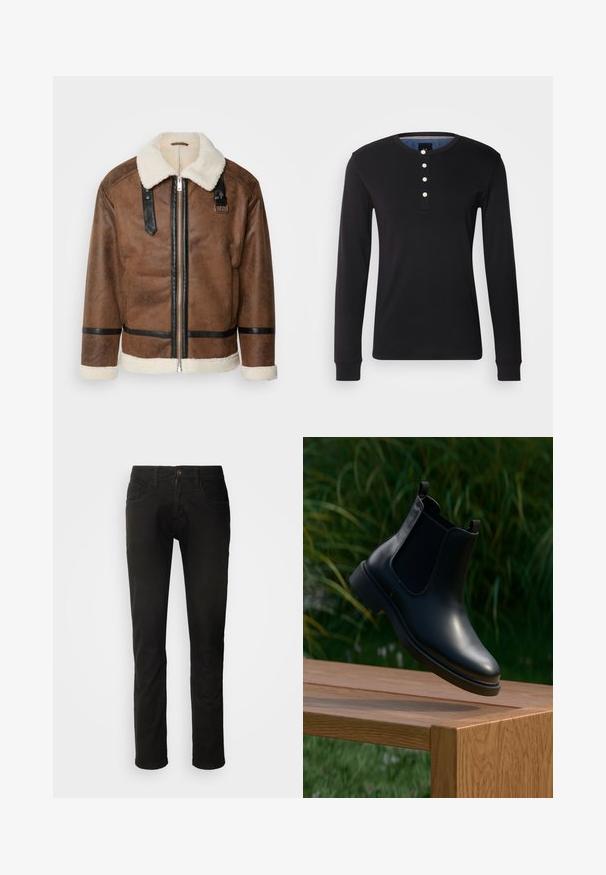Veste en cuir marron avec des accents noirs et un col en shearling. Présente une fermeture à glissière à l'avant et des détails de sangle aux épaules. Fini texturé.; Chemise noire à manches longues en tissu doux, avec un col rond, une patte de boutonnage avec des boutons blancs et des poignets ajustés.; Jean en denim noir avec une coupe droite, comportant deux poches avant et une fermeture à bouton. Texture lisse et finition soignée.; Bottine en cuir noir avec des panneaux latéraux en élasthanne flottant au-dessus d'un banc en bois, arrière-plan de feuillage vert.