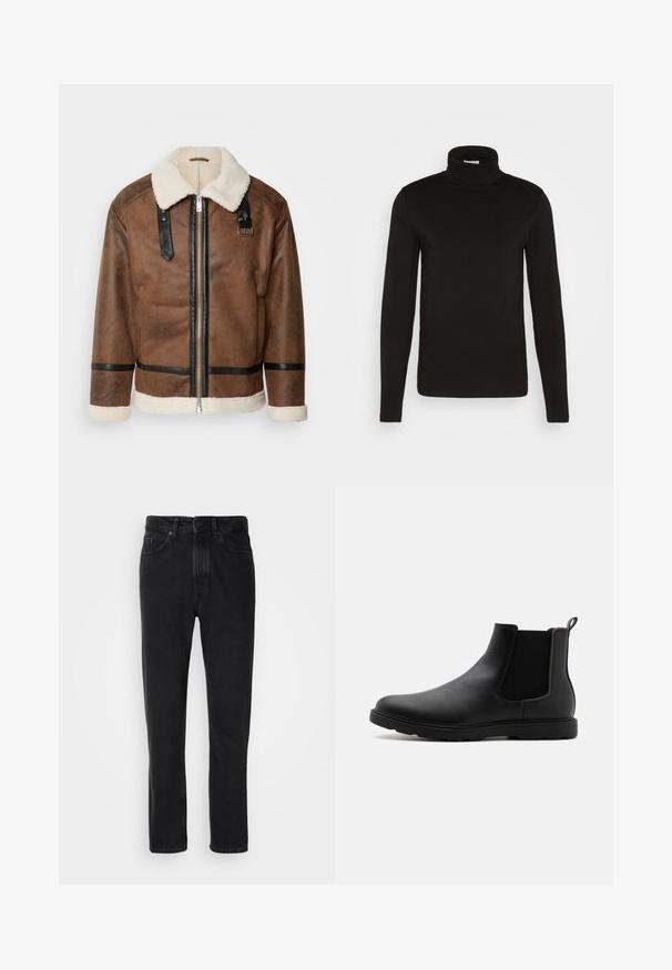 Braune Lederjacke mit schwarzen Akzenten und einem Schaffellkragen. Verfügt über einen Frontreißverschluss und einen Schulterriemen. Strukturierte Oberfläche.; Schwarz, langärmliges Turtleneck-Shirt aus einem glatten Stoff mit figurnaher Passform und hohem, enganliegendem Kragen. Keine sichtbaren Muster oder Akzente.; Schwarze Denim-Jeans mit geradem Beinschnitt, ausgestattet mit einem Knopf- und Reißverschluss, Fronttaschen und subtiler Textur.; Schwarze Leder-Chelsea-Stiefel mit elastischen Seitenpaneelen, einem Zugband und einer robusten Gummisohle. Glatte Textur und elegantes Design.
