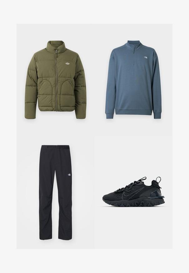 Chaqueta tipo plumón verde oliva con cuello alto, cremallera completa, costuras horizontales y dos bolsillos laterales. Presenta un pequeño logotipo en el pecho.; Jersey azul de manga larga con cremallera hasta el pecho, cuello alto y pequeño logo blanco de The North Face en el pecho izquierdo.; The North Face ABUKUMA PANT - Pantalones - black; Zapato deportivo negro con una parte superior de malla transpirable, acentos texturizados y una suela de goma ondulada. Presenta un logotipo reflectante y un sistema de cordones.