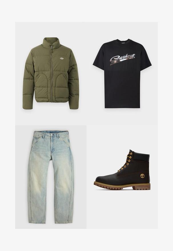 Olivgrüne Daunenjacke mit hohem Kragen, durchgehendem Reißverschluss, horizontalen Nähten und zwei Seitentaschen. Verfügt über ein kleines Logo auf der Brust.; Schwarzes Baumwoll-T-Shirt mit glänzendem "Carhartt"-Logo in stilisierten silbernen Buchstaben auf der Brust, kurzen Ärmeln und Rundhalsausschnitt.; Hellblaue Jeans mit weitem Bein aus Denim. Sie verfügen über fünf Taschen, einen Knopfverschluss und ausgewaschene Bereiche für einen getragenen Look.; Schwarze Leder-Ankle-Boots mit goldenen Ösen, braunen Akzenten und einer Gummisohle. Verfügt über einen gepolsterten Schaft und ein geprägtes Logo an der Seite.