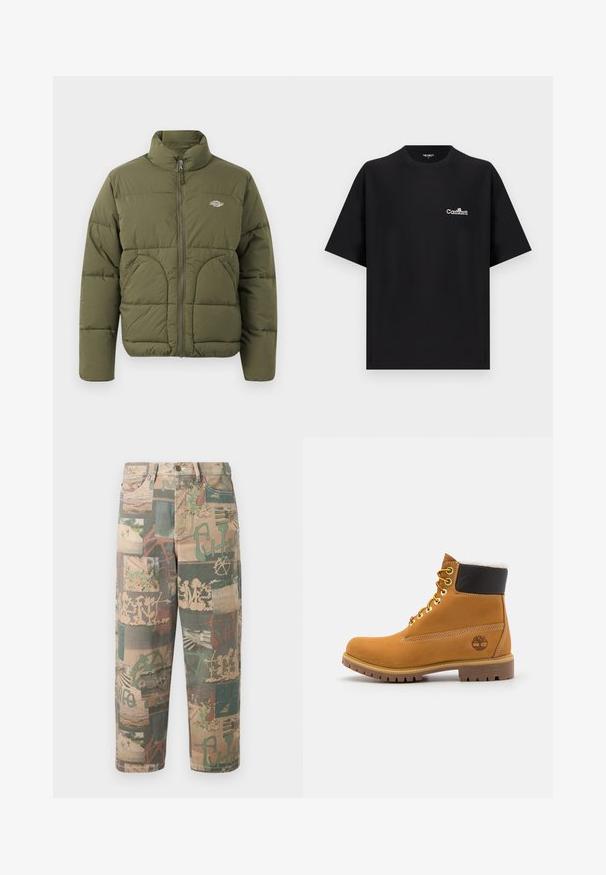 Olivenfarvet pufferjakke med høj krave, fuld lynlås, vandret syninger og to sidelommer. Har et lille logo på brystet.; Sort oversized T-shirt med korte ærmer og hvidt Carhartt-logo på venstre bryst, rund halsudskæring, vist på ensartet lys baggrund.; Casual bukser med lige ben med en blanding af natur-, graffiti- og abstrakt print i dæmpede grønne, beige og brune nuancer på en lys baggrund.; Brune læder ankelstøvle med metaløjer, hvid pelsforing, sort polstret krave, robust sål og præget logo på siden.