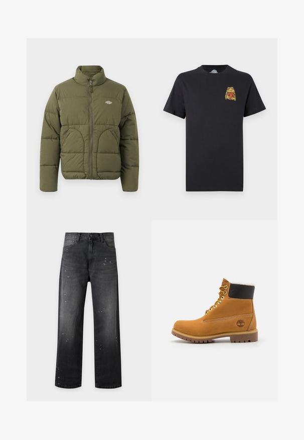 Chaqueta tipo plumón verde oliva con cuello alto, cremallera completa, costuras horizontales y dos bolsillos laterales. Presenta un pequeño logotipo en el pecho.; Camiseta negra de manga corta con un pequeño gráfico de una rana amarilla y roja sosteniendo un balón de baloncesto en el área izquierda del pecho.; Vaqueros negros de pierna recta con cierre de botón y cremallera, bolsillos delanteros y detalles de salpicaduras de pintura blanca.; Botín de cuero marrón con ojales de metal, forro de piel sintética blanca, cuello acolchado negro, suela resistente y logotipo en relieve en el costado.