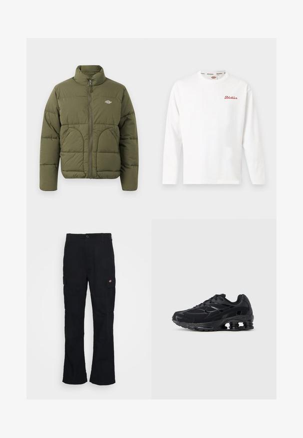 Chaqueta tipo plumón verde oliva con cuello alto, cremallera completa, costuras horizontales y dos bolsillos laterales. Presenta un pequeño logotipo en el pecho.; Camiseta blanca de manga larga con cuello redondo y pequeño logo rojo de "Dickies" en el lado izquierdo del pecho y forro de cuello con marca.; Pantalones cargo negros con un diseño de pierna recta, hechos de tela duradera, con bolsillos laterales y un logo de parche en el lado izquierdo.; Zapatilla deportiva negra con parte superior de malla, cuello acolchado y tecnología de amortiguación prominente en el talón. Presenta detalles texturizados y cordones.