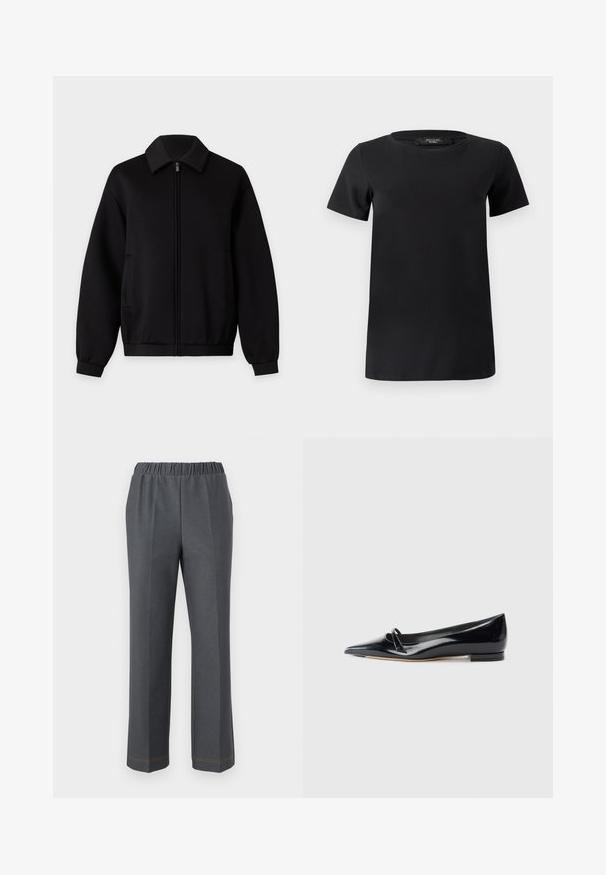 Veste noire zippée avec manches longues, col, poches latérales et poignets et ourlet côtelés, présentée sur un fond clair uni.; T-shirt noir à manches courtes en tissu de coton doux, doté d'un col rond et d'un design simple et classique sans ornements.; Pantalon droit gris foncé avec taille élastique et plis avant, présenté sur un fond blanc.; Chaussure plate en cuir verni noir avec un bout pointu, une petite lanière décorative et un petit talon carré. Texture lisse et design épuré.
