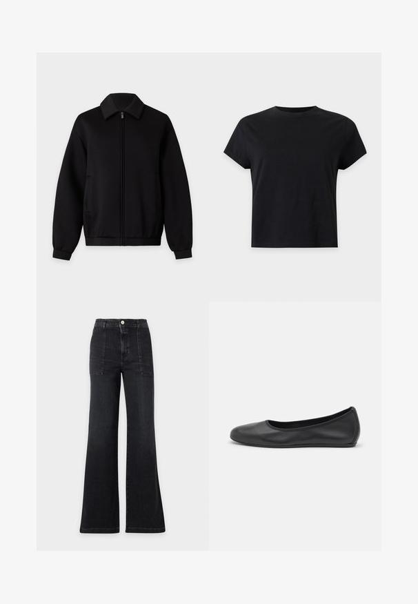 Veste noire zippée avec manches longues, col, poches latérales et poignets et ourlet côtelés, présentée sur un fond clair uni.; T-shirt noir uni à manches courtes avec col rond et coupe droite, présenté sur un fond gris clair.; Jean en denim noir taille haute, jambes larges et poches plaquées devant, fermeture par boutons et fermeture éclair, présenté sur un fond uni.; Ballerines en cuir noir avec un bout rond, texture lisse, détails de couture minimalistes et design de semelle flexible.