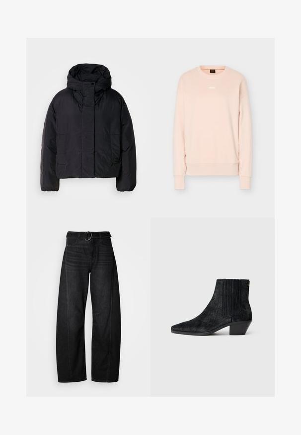 Veste matelassée noire avec un col haut et une capuche, dotée de deux poches avant et de poignets élastiques. Matériau lisse et léger avec une finition mate.; Sweat-shirt à manches longues rose clair avec col rond, poignets et ourlet en côte, arborant un petit logo BOSS blanc centré sur la poitrine.; Jean noir à jambes larges en denim, avec une taille ceinturée et des détails de poches décontractés. Présente une finition brute à l'ourlet et des coutures minimales.; Bottine noire à bout pointu, en matériau texturé imitant les cheveux, avec un panneau latéral à nervures et un petit talon carré. Un design simple et moderne.